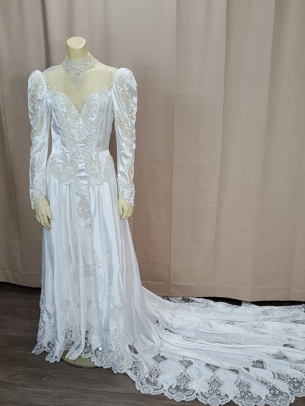 White Lace Bridal Gown with Long Embellished Train